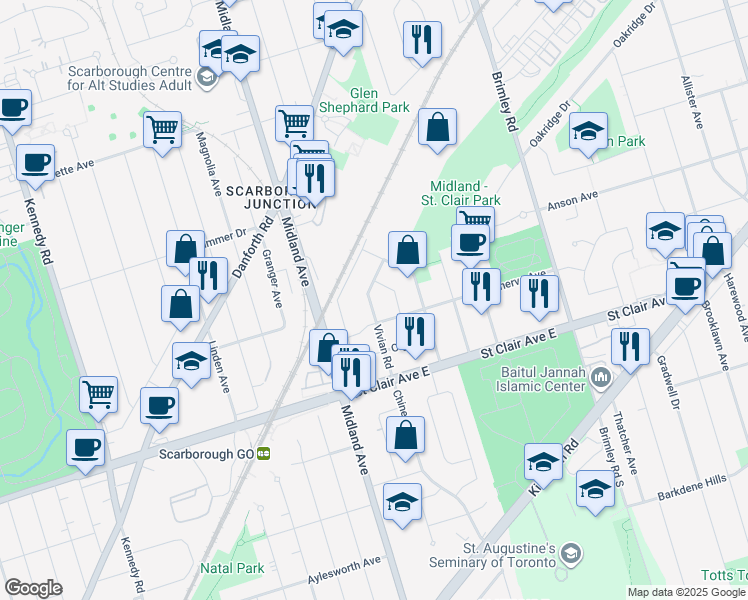 map of restaurants, bars, coffee shops, grocery stores, and more near 51 Vivian Road in Toronto
