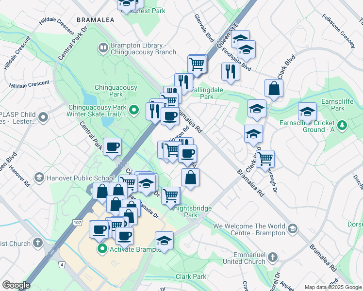 map of restaurants, bars, coffee shops, grocery stores, and more near 15 Kensington Road in Brampton