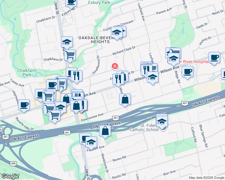 map of restaurants, bars, coffee shops, grocery stores, and more near 1461 Wilson Avenue in Toronto