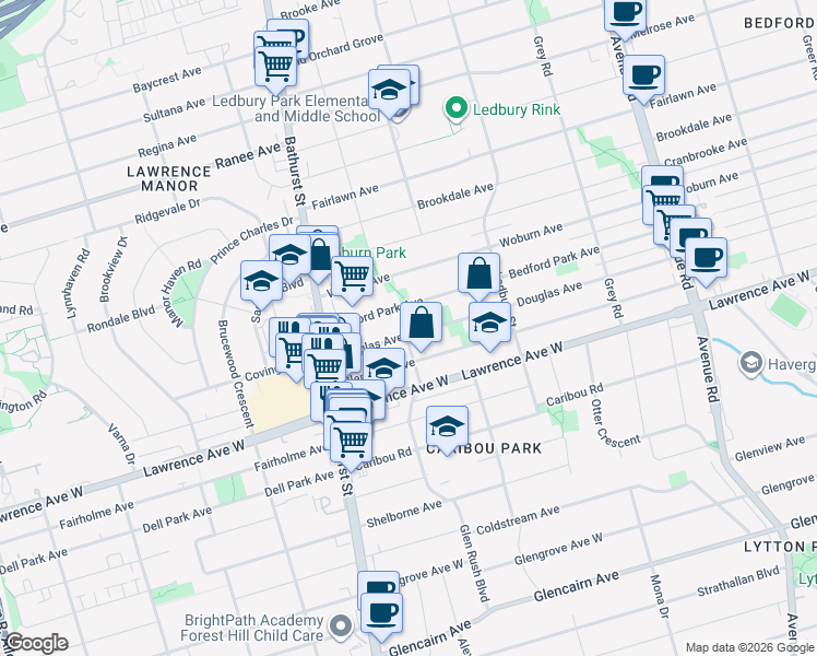 map of restaurants, bars, coffee shops, grocery stores, and more near 514 Douglas Avenue in Toronto