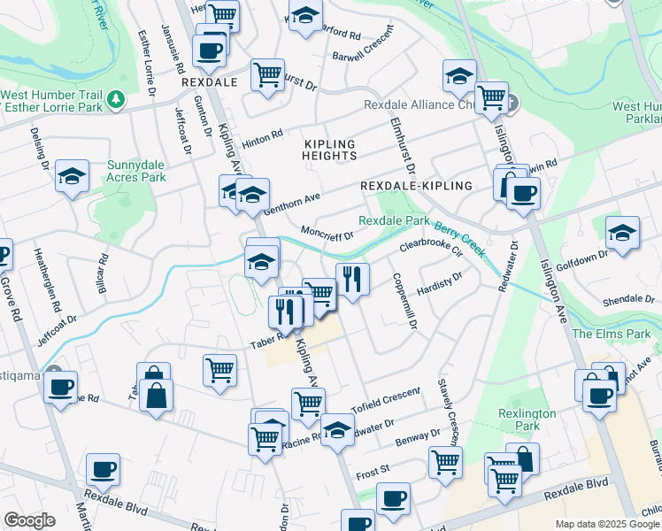 map of restaurants, bars, coffee shops, grocery stores, and more near in Toronto