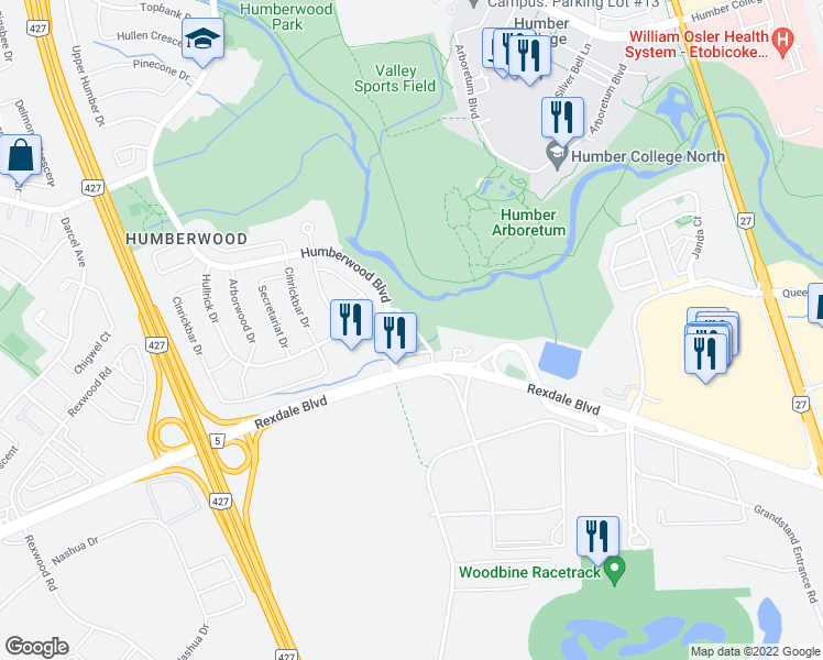 map of restaurants, bars, coffee shops, grocery stores, and more near 30 Woodstream Drive in Toronto