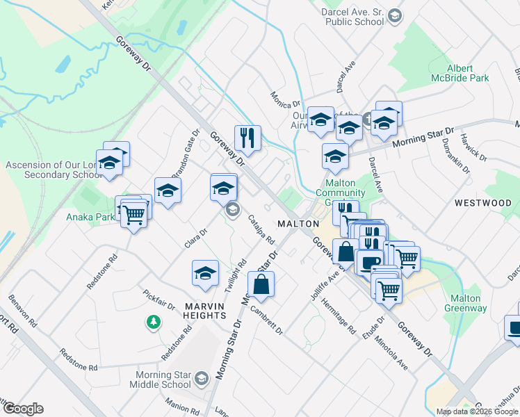 map of restaurants, bars, coffee shops, grocery stores, and more near in Mississauga