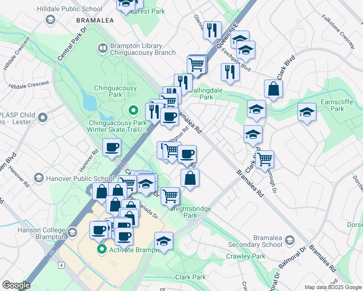 map of restaurants, bars, coffee shops, grocery stores, and more near in Brampton