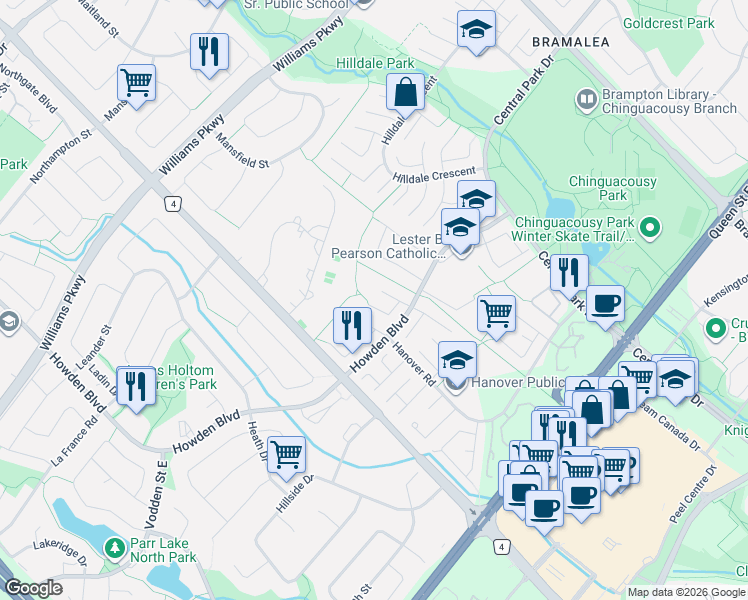 map of restaurants, bars, coffee shops, grocery stores, and more near 9 Highland Trail in Brampton
