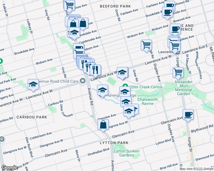 map of restaurants, bars, coffee shops, grocery stores, and more near 485 Rosewell Avenue in Toronto