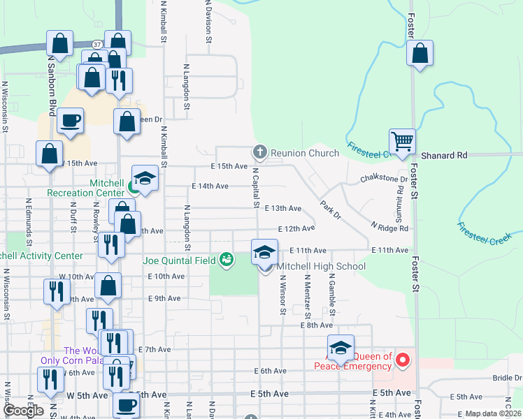 map of restaurants, bars, coffee shops, grocery stores, and more near 1301 North Capital Street in Mitchell