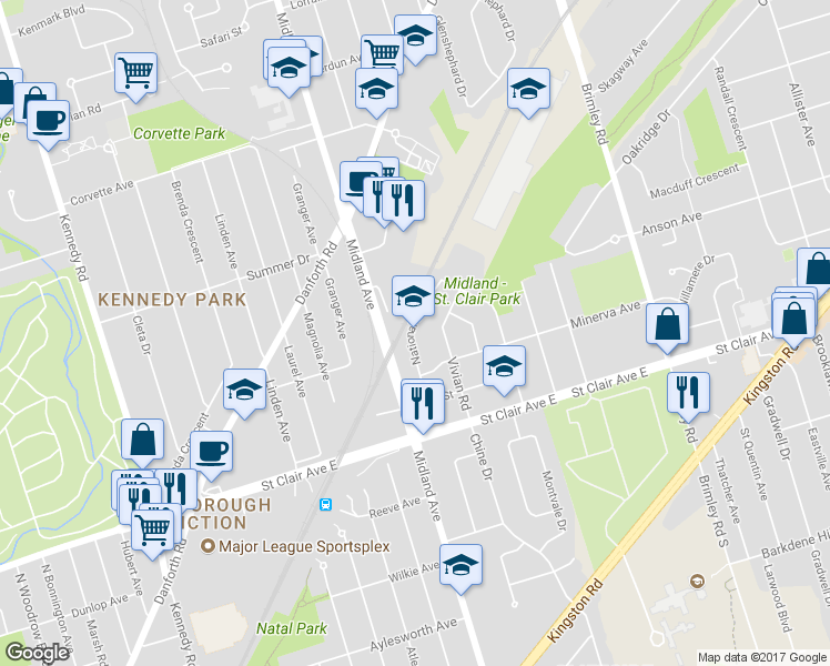 map of restaurants, bars, coffee shops, grocery stores, and more near 67 National Street in Toronto