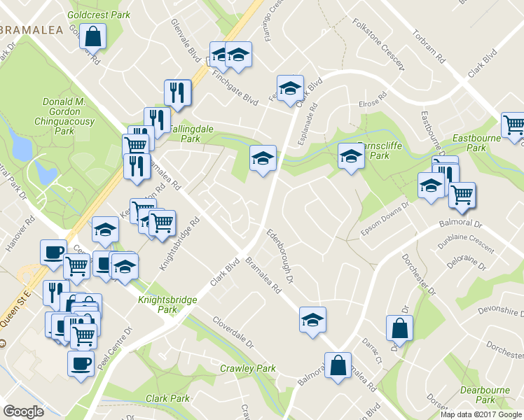 map of restaurants, bars, coffee shops, grocery stores, and more near 216 Fleetwood Crescent in Brampton