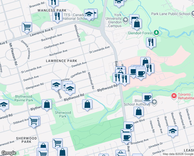 map of restaurants, bars, coffee shops, grocery stores, and more near in Toronto