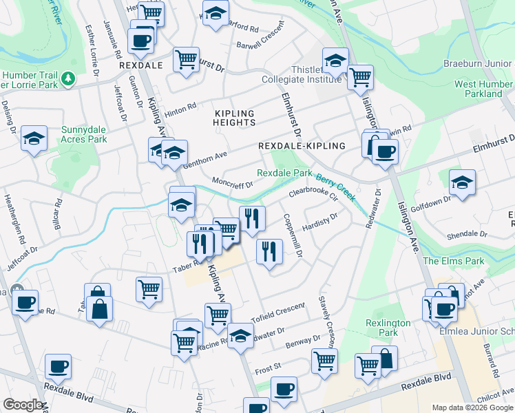 map of restaurants, bars, coffee shops, grocery stores, and more near 173 Clearbrooke Circle in Toronto