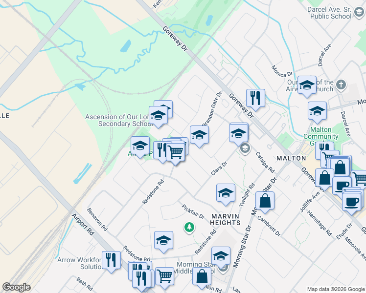 map of restaurants, bars, coffee shops, grocery stores, and more near 3291 Brandon Gate Drive in Mississauga