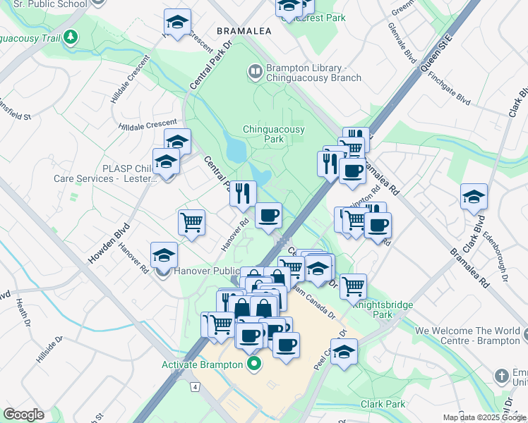 map of restaurants, bars, coffee shops, grocery stores, and more near 225 Central Park Drive in Brampton