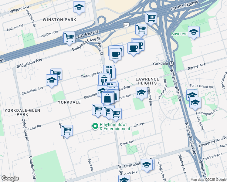 map of restaurants, bars, coffee shops, grocery stores, and more near Ranee Avenue in Toronto