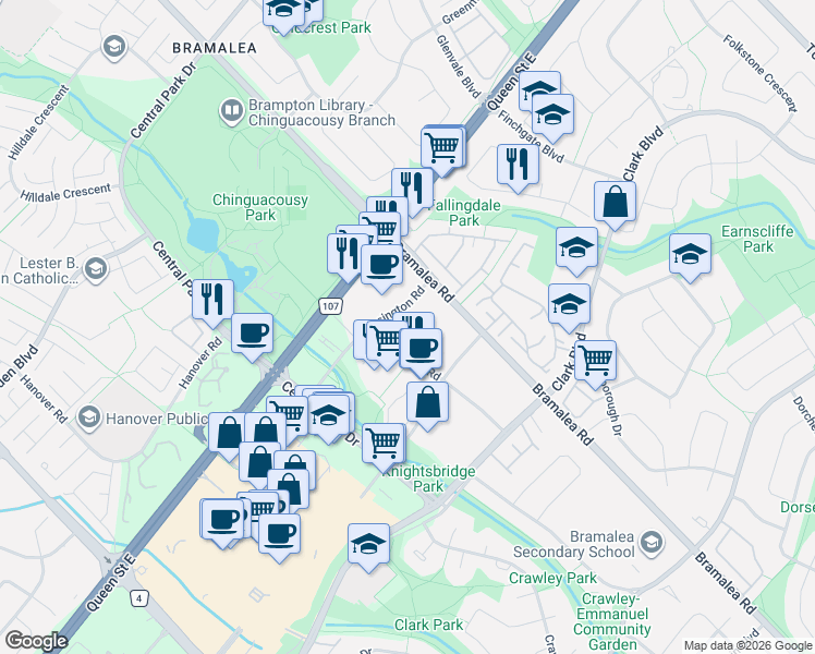 map of restaurants, bars, coffee shops, grocery stores, and more near 15 Kensington Road in Brampton