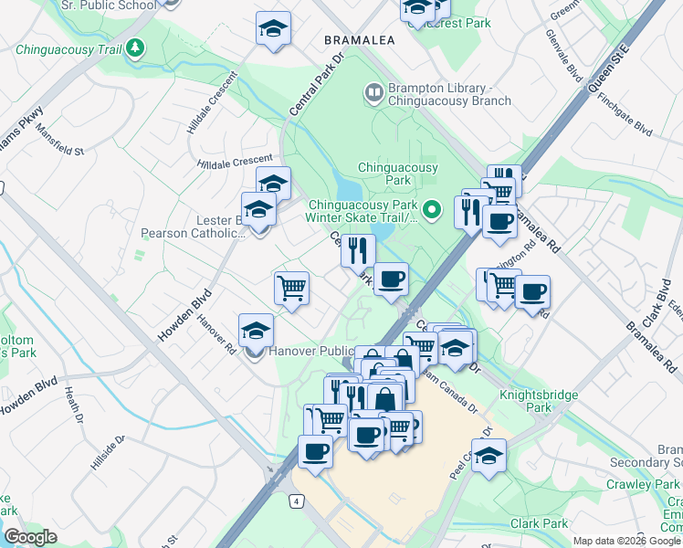 map of restaurants, bars, coffee shops, grocery stores, and more near 71 Hartnell Square in Brampton