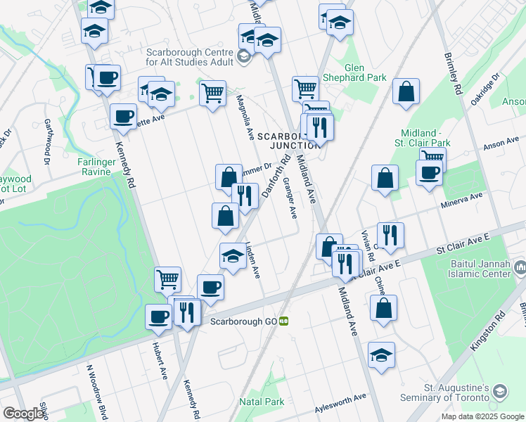 map of restaurants, bars, coffee shops, grocery stores, and more near 66 Magnolia Avenue in Toronto