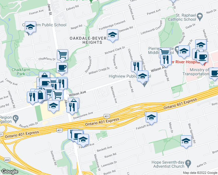 map of restaurants, bars, coffee shops, grocery stores, and more near 1445 Wilson Avenue in Toronto