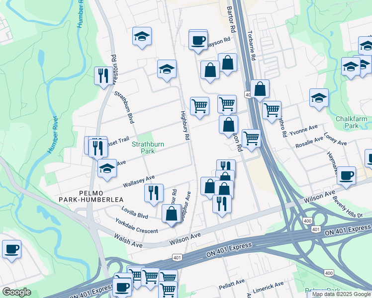 map of restaurants, bars, coffee shops, grocery stores, and more near in Toronto