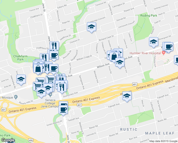 map of restaurants, bars, coffee shops, grocery stores, and more near in Toronto