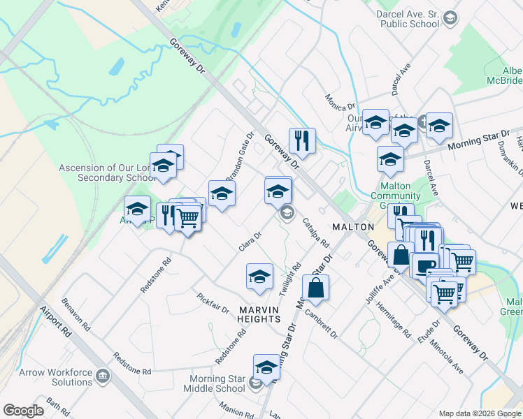 map of restaurants, bars, coffee shops, grocery stores, and more near in Mississauga