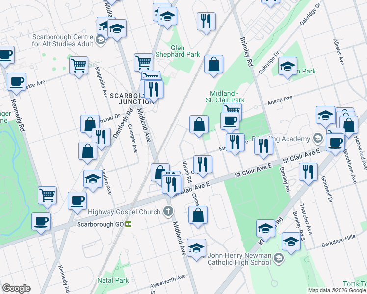 map of restaurants, bars, coffee shops, grocery stores, and more near 53 Vivian Road in Toronto