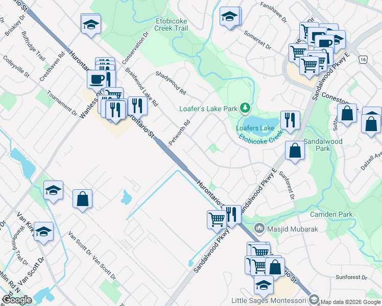 map of restaurants, bars, coffee shops, grocery stores, and more near in Brampton