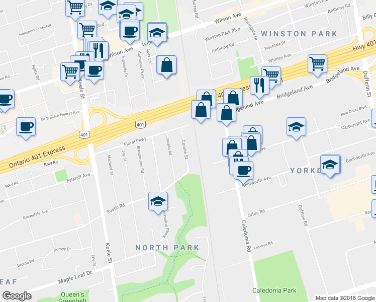 map of restaurants, bars, coffee shops, grocery stores, and more near 25 Connie Street in Toronto