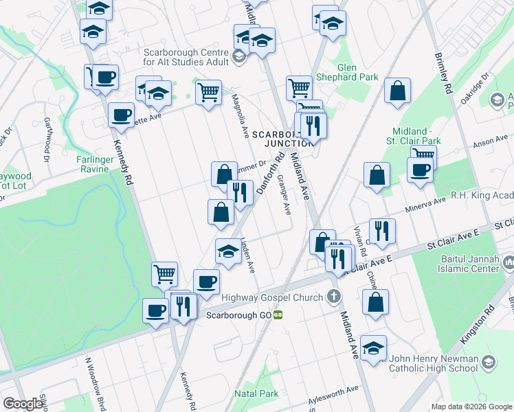 map of restaurants, bars, coffee shops, grocery stores, and more near 777 Danforth Road in Toronto
