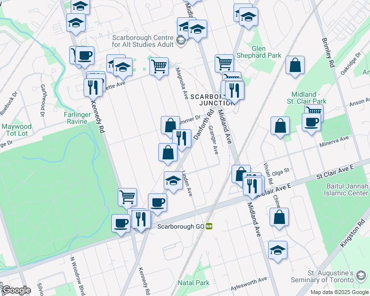 map of restaurants, bars, coffee shops, grocery stores, and more near 768 Danforth Road in Toronto