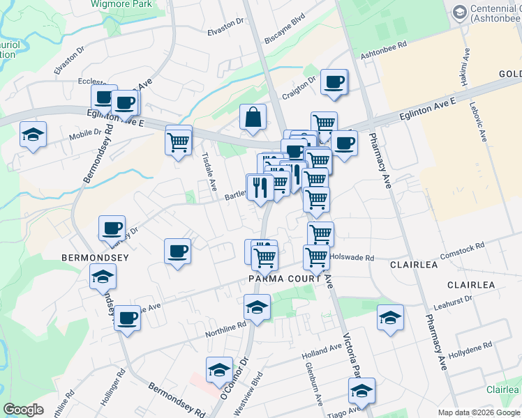 map of restaurants, bars, coffee shops, grocery stores, and more near 25 Warner Avenue in Toronto