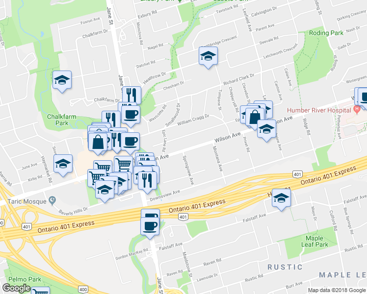 map of restaurants, bars, coffee shops, grocery stores, and more near 1466 Wilson Avenue in Toronto