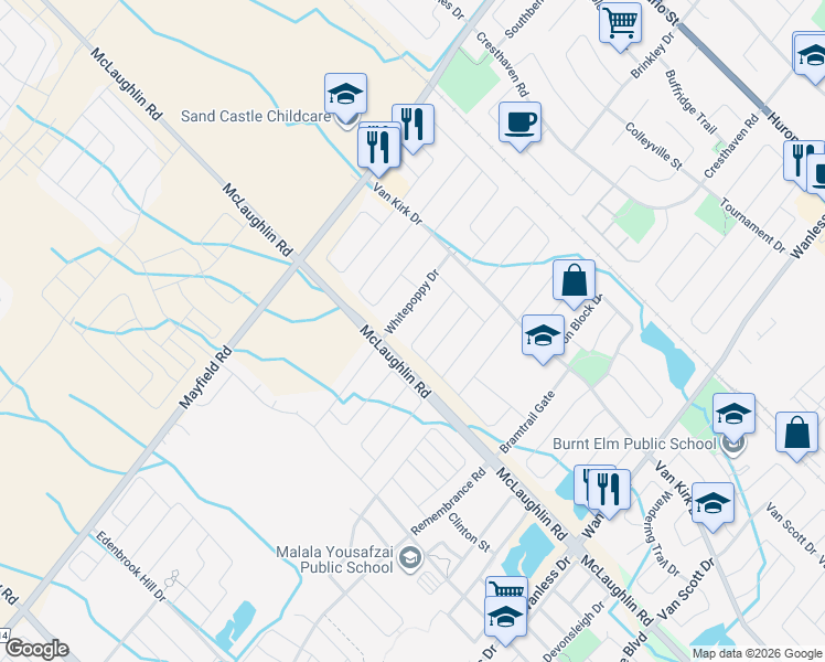 map of restaurants, bars, coffee shops, grocery stores, and more near 36 Boundbrook Drive in Brampton