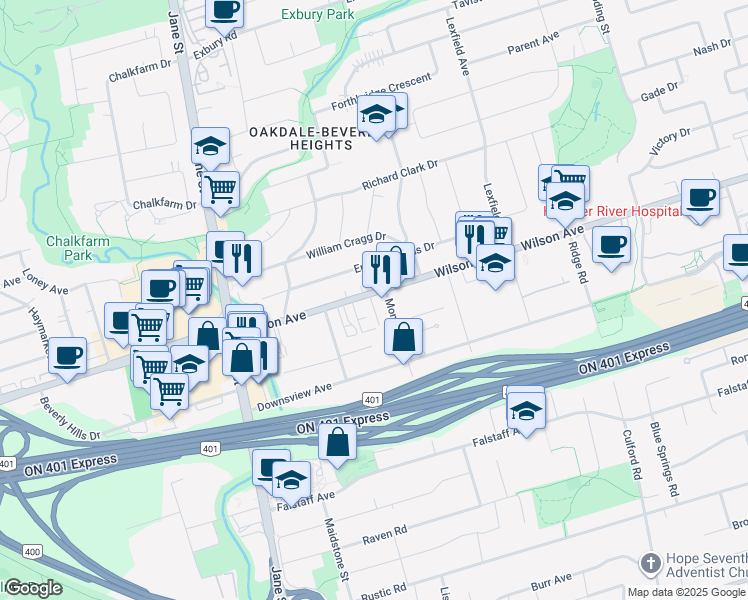 map of restaurants, bars, coffee shops, grocery stores, and more near 1445 Wilson Avenue in Toronto