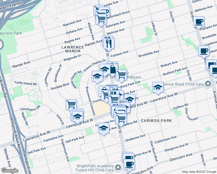 map of restaurants, bars, coffee shops, grocery stores, and more near 3174 Bathurst Street in Toronto
