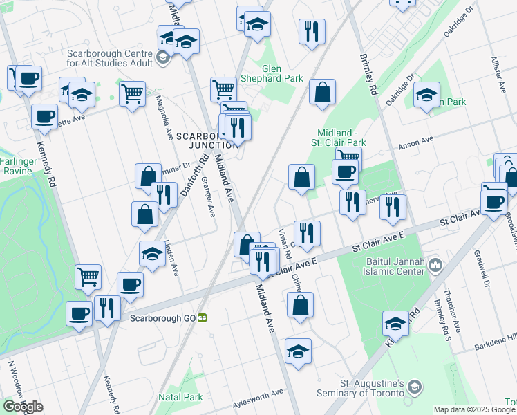 map of restaurants, bars, coffee shops, grocery stores, and more near 71 National Street in Toronto