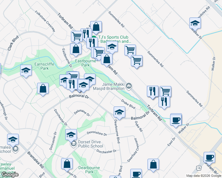 map of restaurants, bars, coffee shops, grocery stores, and more near 80 Drake Boulevard in Brampton