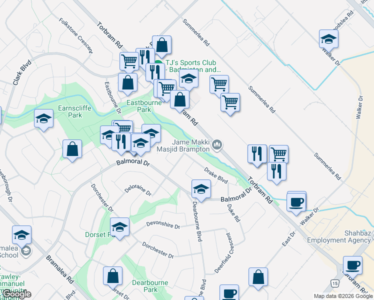 map of restaurants, bars, coffee shops, grocery stores, and more near 80 Drake Boulevard in Brampton