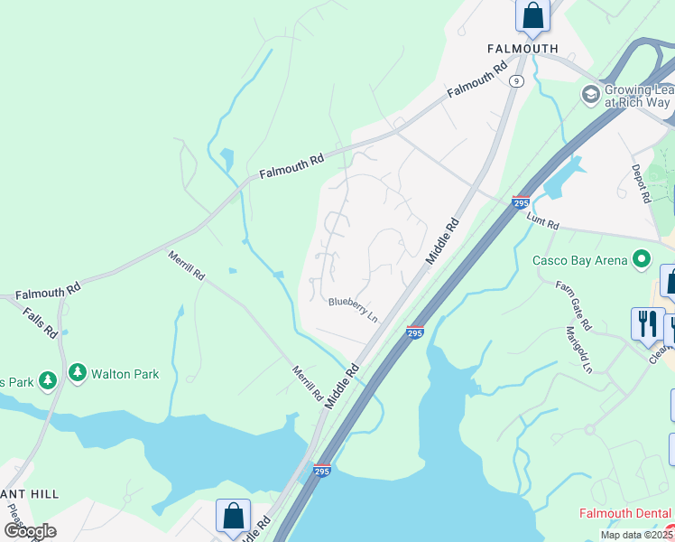 map of restaurants, bars, coffee shops, grocery stores, and more near 32 Blueberry Lane in Falmouth