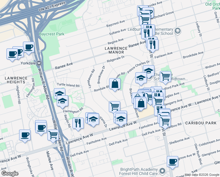 map of restaurants, bars, coffee shops, grocery stores, and more near in Toronto