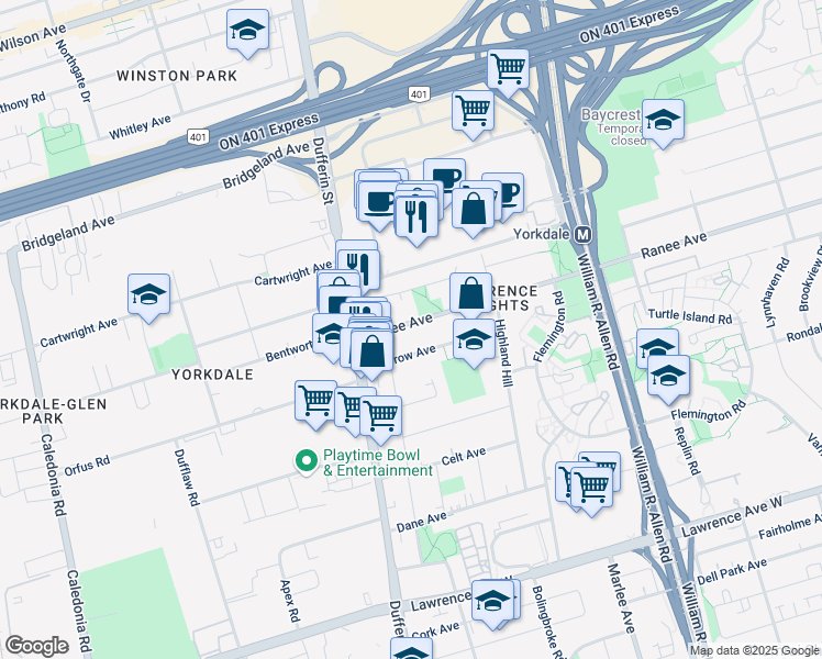 map of restaurants, bars, coffee shops, grocery stores, and more near in Toronto