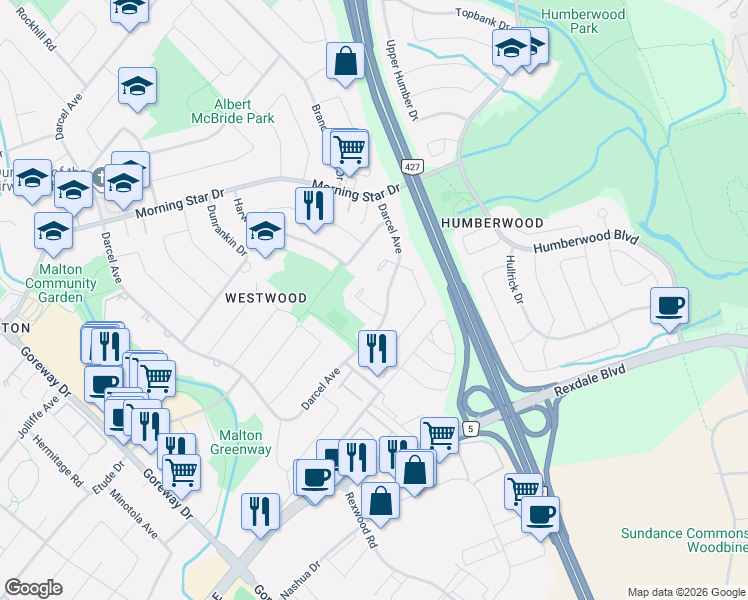 map of restaurants, bars, coffee shops, grocery stores, and more near 7073 Magic Court in Mississauga