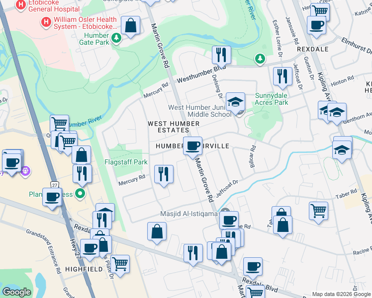 map of restaurants, bars, coffee shops, grocery stores, and more near 77 Porterfield Road in Toronto