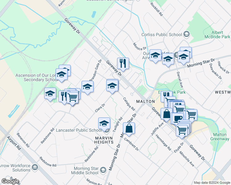 map of restaurants, bars, coffee shops, grocery stores, and more near 7488 Catalpa Road in Mississauga