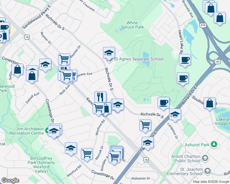 map of restaurants, bars, coffee shops, grocery stores, and more near 126 Richvale Drive South in Brampton