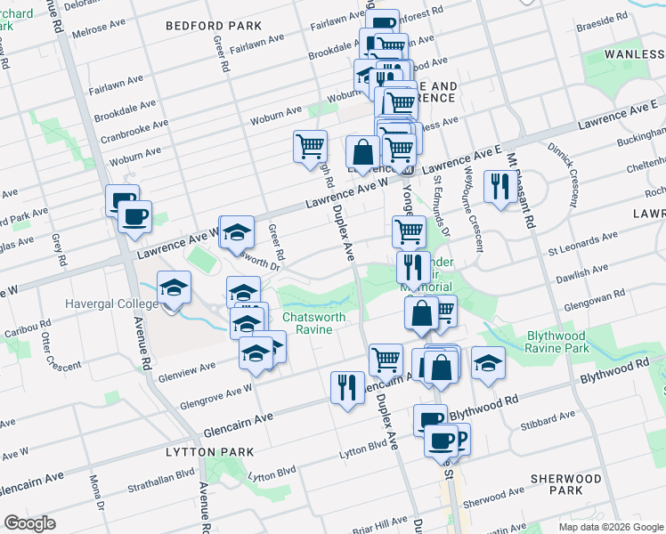 map of restaurants, bars, coffee shops, grocery stores, and more near 74 Chatsworth Drive in Toronto