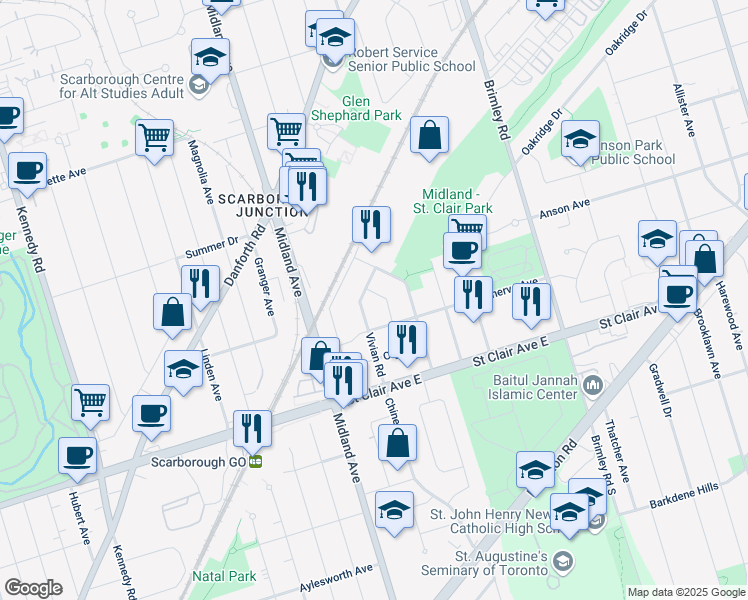 map of restaurants, bars, coffee shops, grocery stores, and more near 20 Gleneita Street in Toronto
