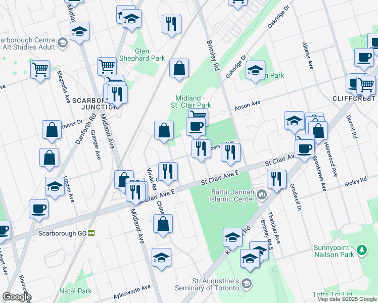 map of restaurants, bars, coffee shops, grocery stores, and more near 80 Minerva Avenue in Toronto