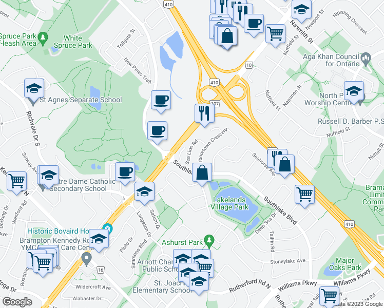 map of restaurants, bars, coffee shops, grocery stores, and more near 11 Sea Lion Road in Brampton