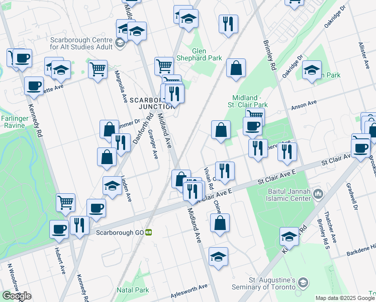 map of restaurants, bars, coffee shops, grocery stores, and more near 71 National Street in Toronto